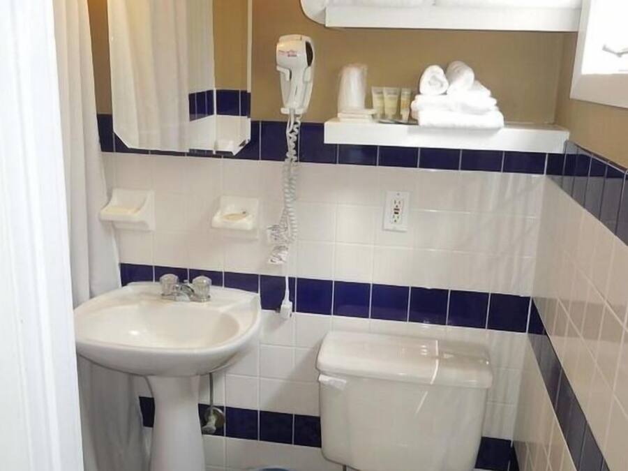 Une salle de bain avec un lavabo, des toilettes et un miroir au-dessus du lavabo. On y trouve également un porte-serviettes avec des serviettes et une poubelle.