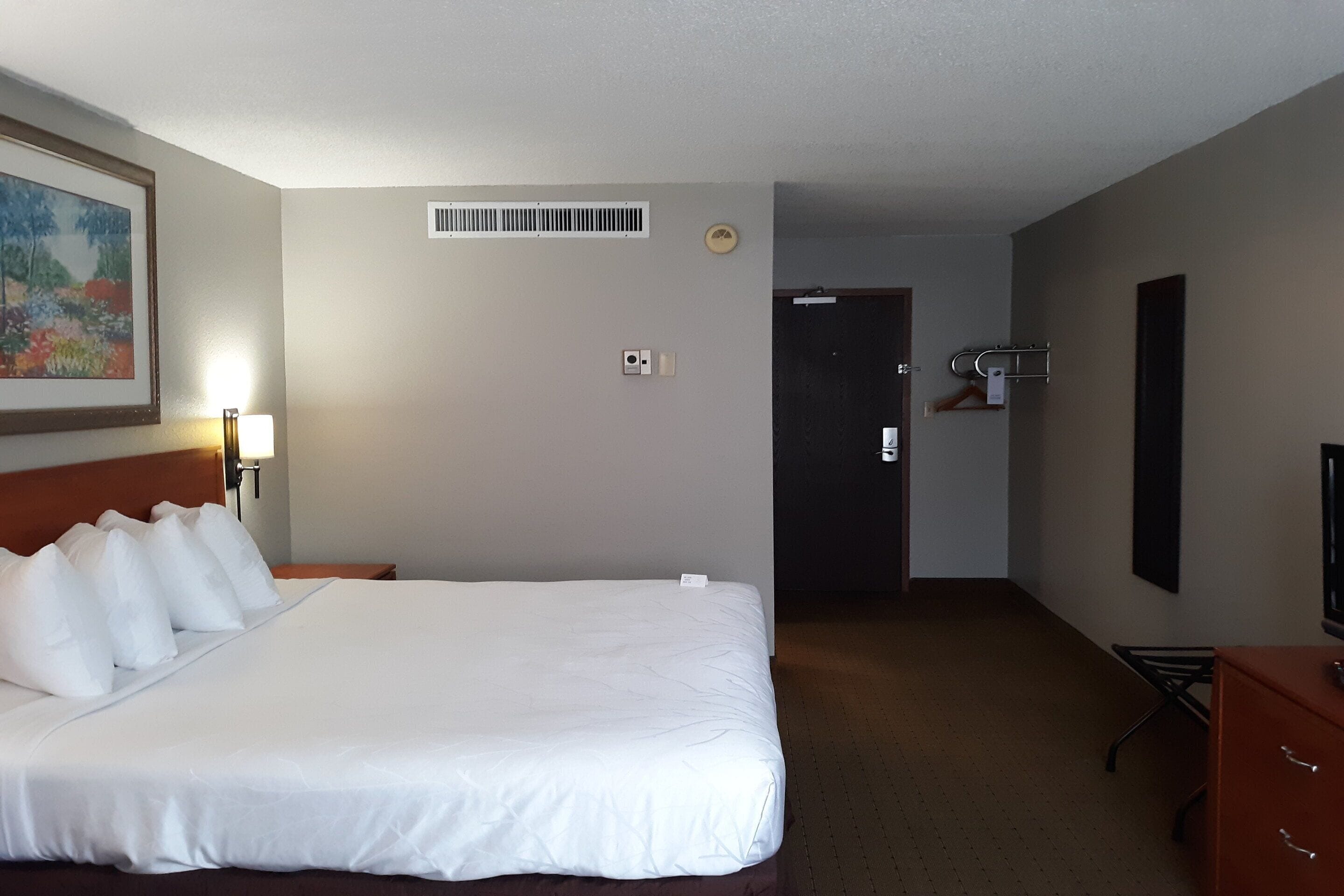 A hotel room with a large bed, a desk, a chair, a TV, and a door.