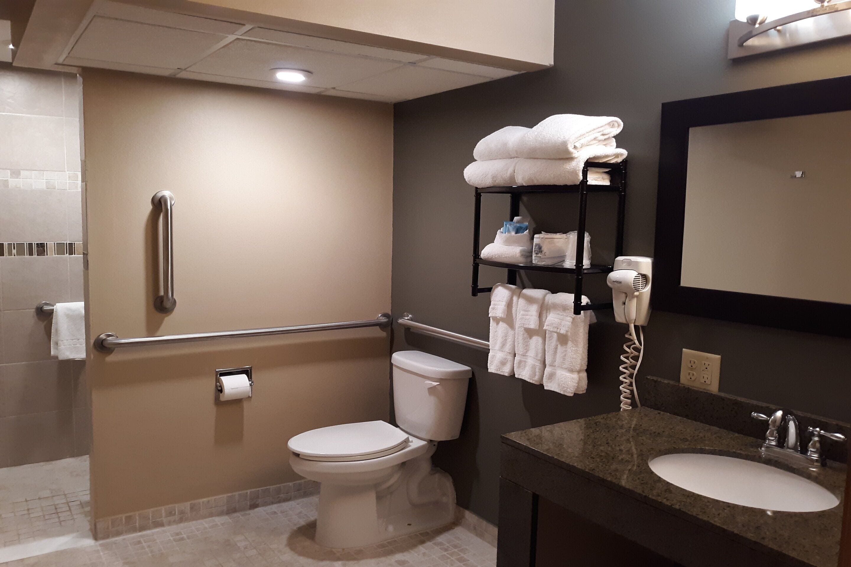 free toiletries, hair dryer, towels