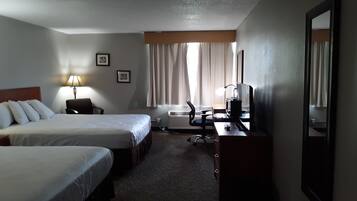 Desk, laptop workspace, blackout curtains, iron/ironing board