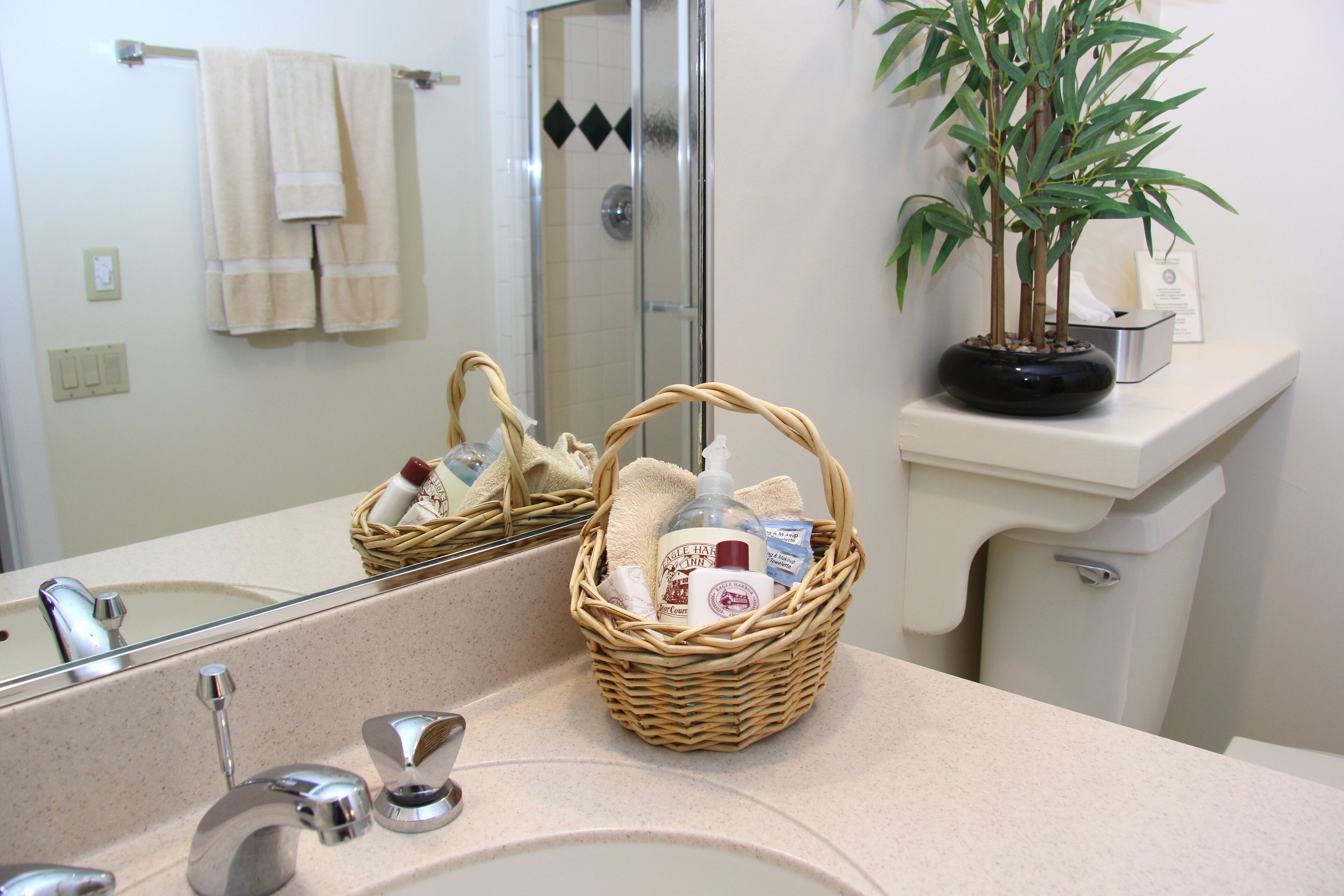 shower, rainfall showerhead, designer toiletries, hair dryer