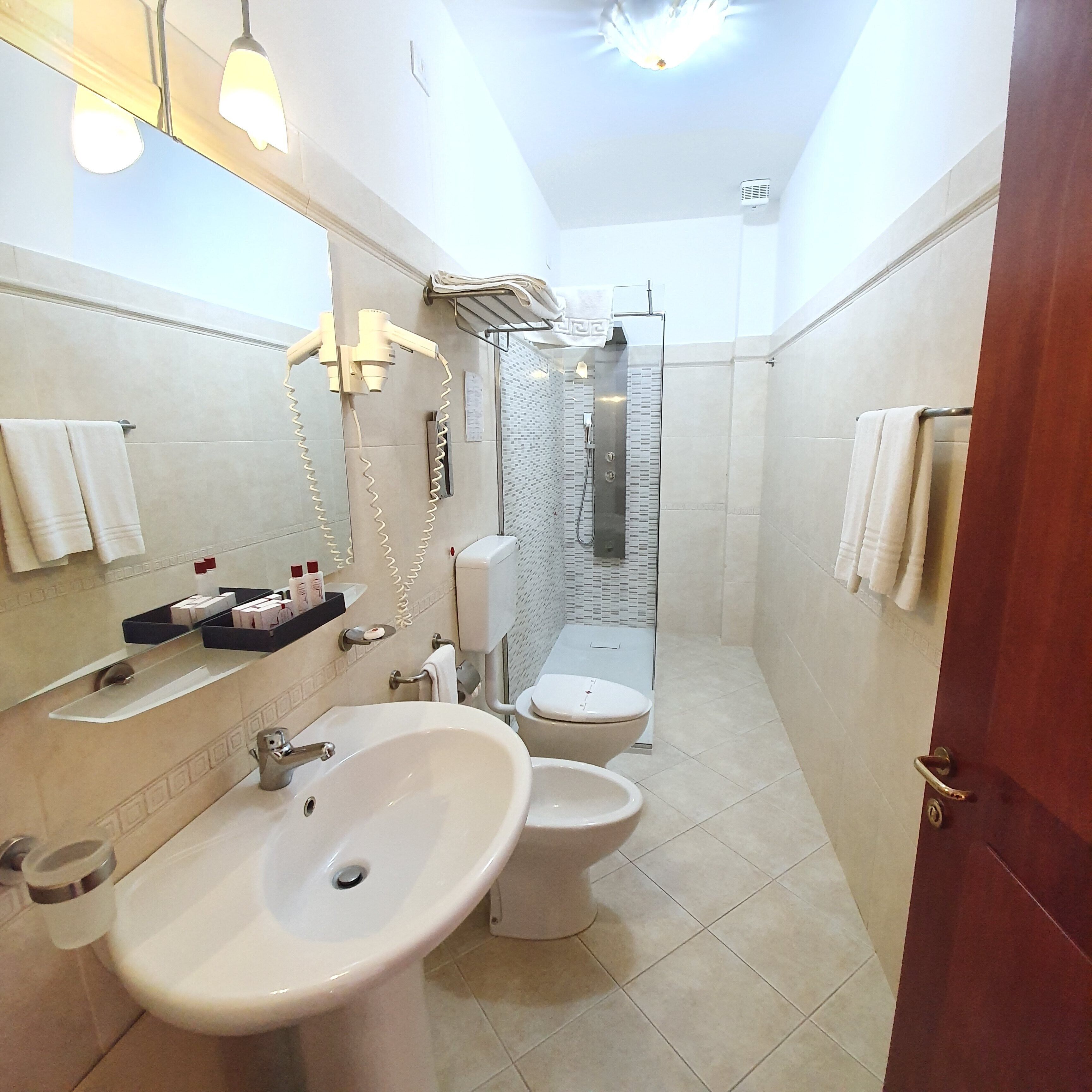 shower, free toiletries, hair dryer, bidet