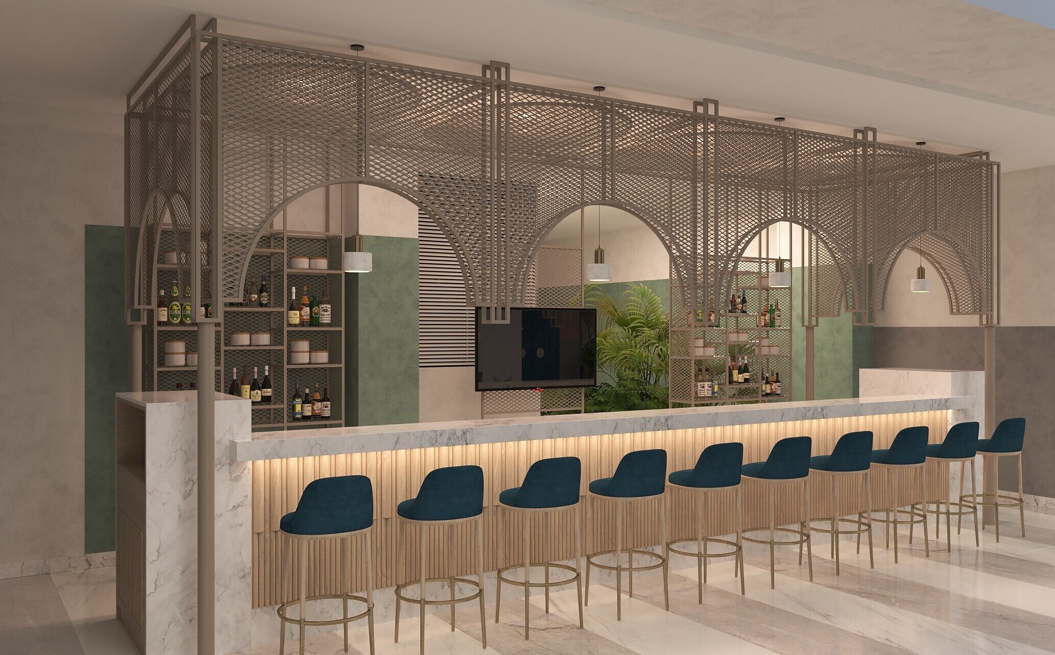 Un moderno bar con mostrador de madera, diversas opciones de asientos y un separador decorativo de metal.