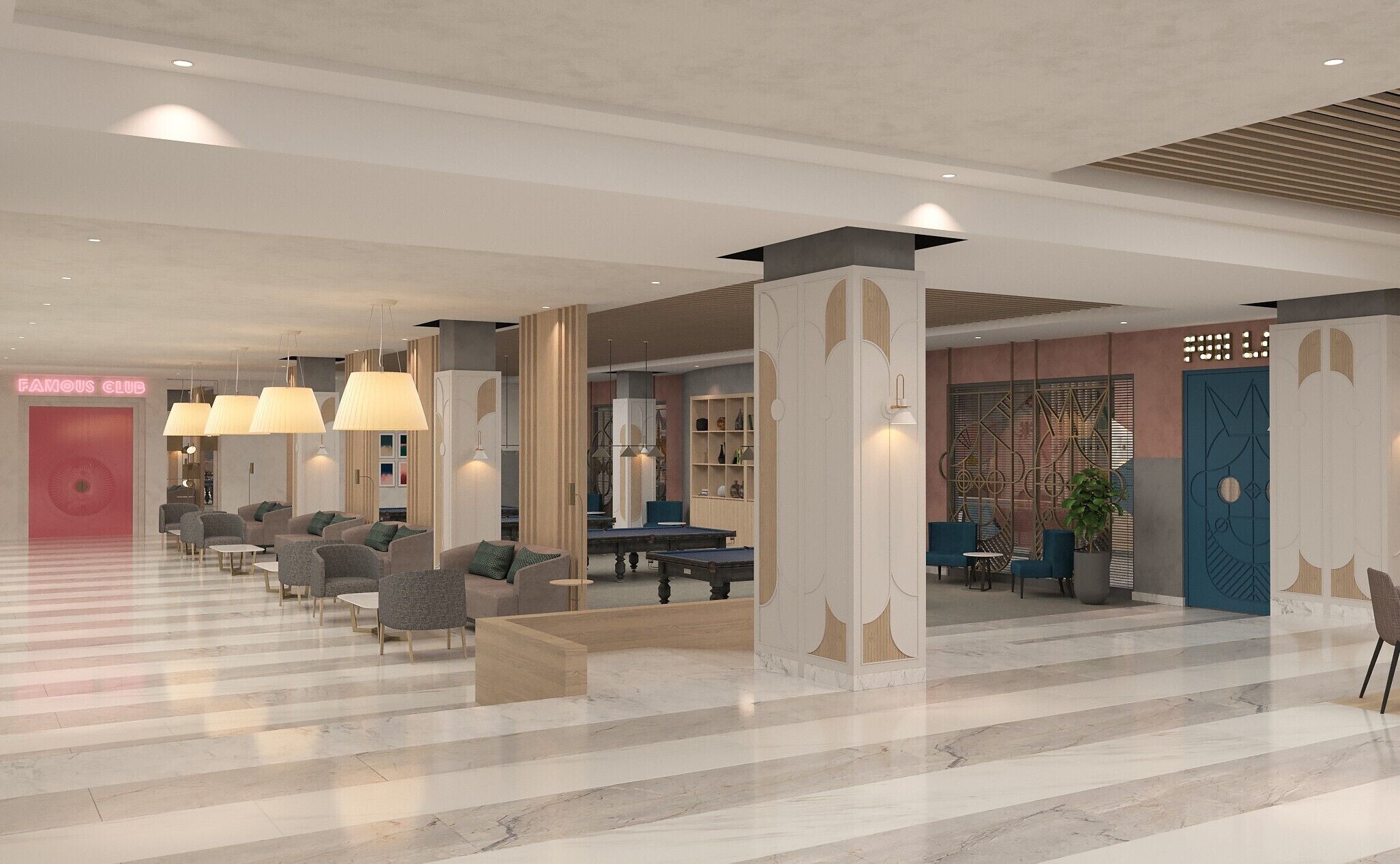A spacious lobby with a marble floor, multiple seating areas, and a prominent 'Famous Club' sign.