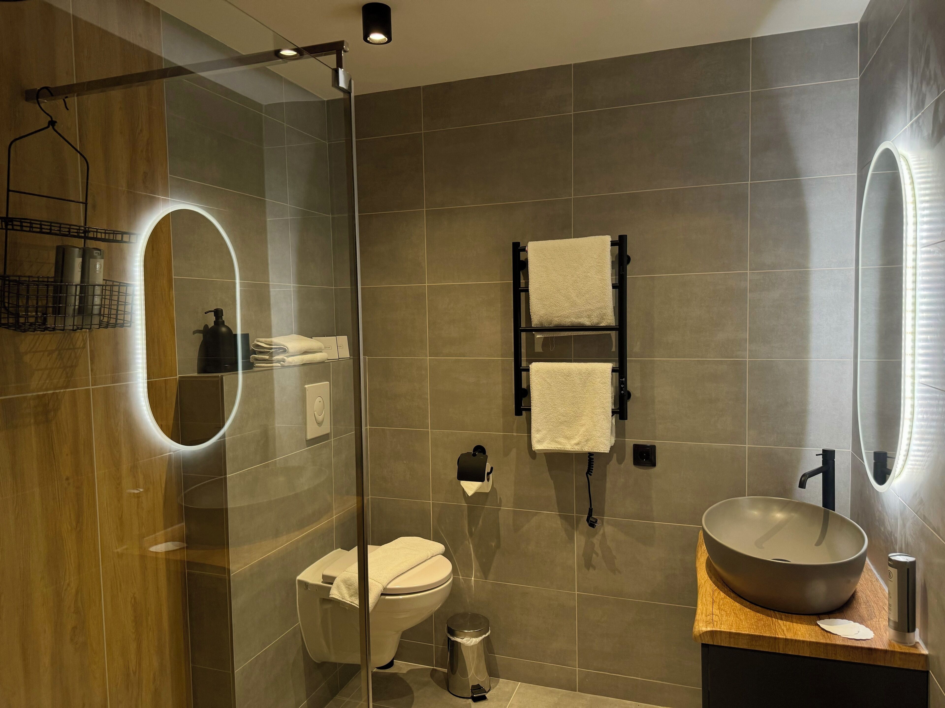 A modern bathroom with a glass-enclosed shower, a toilet, a towel rack, and a large vessel sink.