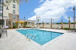 Outdoor pool, pool umbrellas, pool loungers