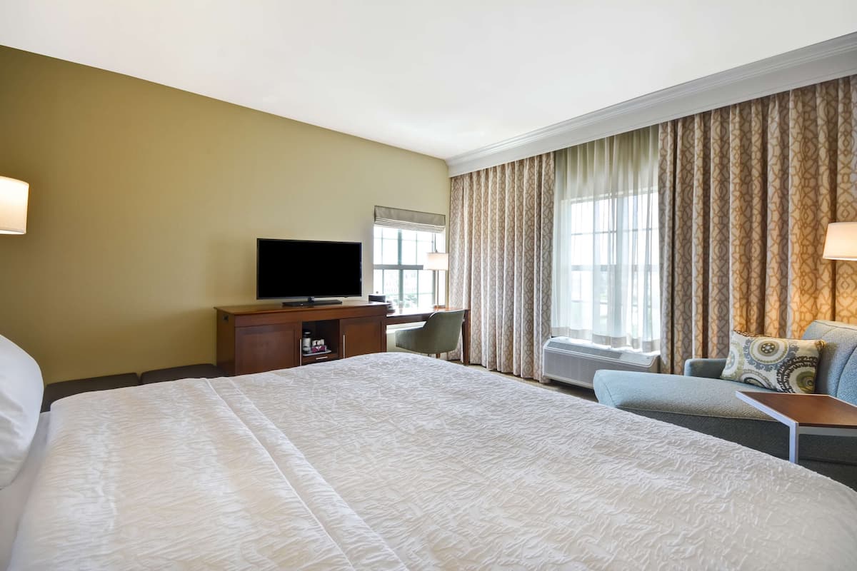 A hotel room with a large bed, a desk with a television, a chair, and a sofa.