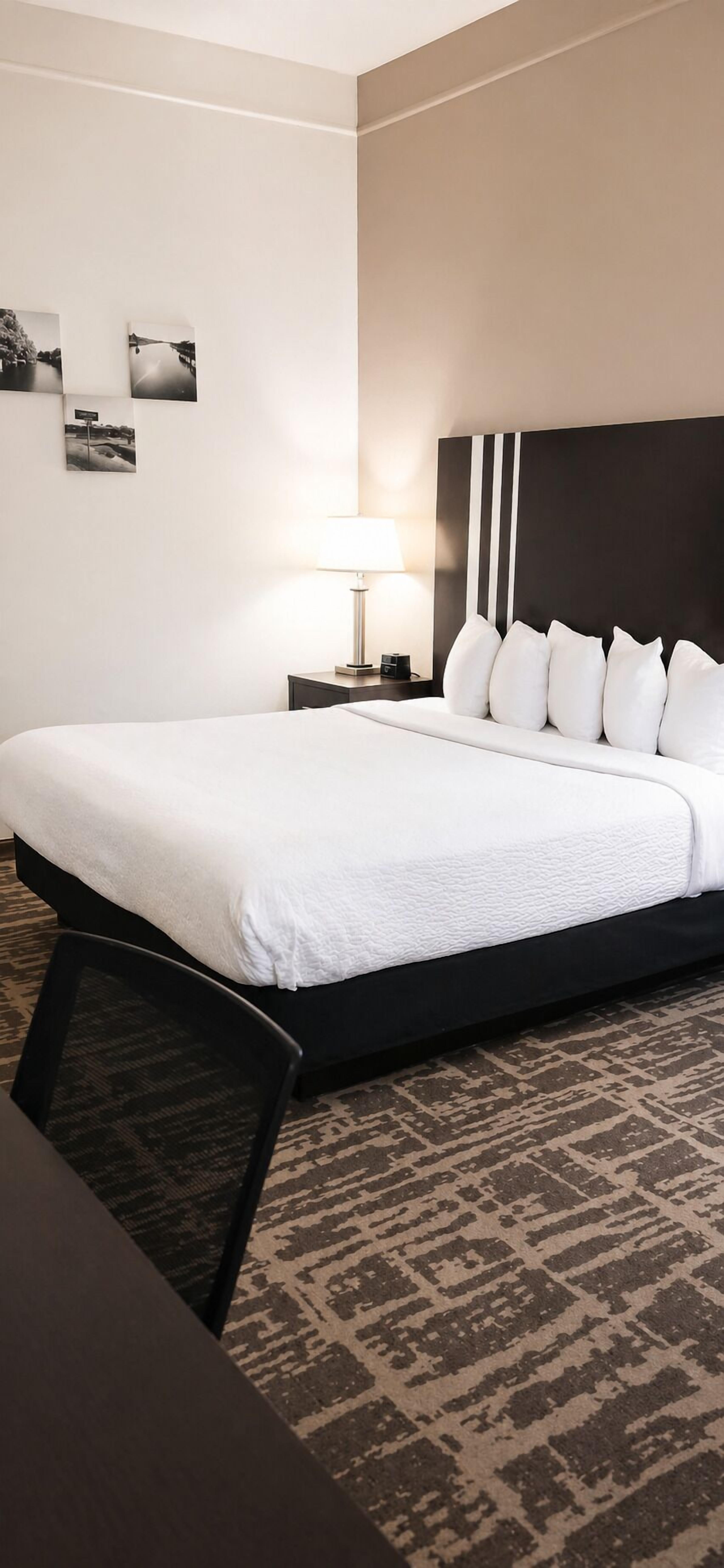 Una habitación de hotel con una cama grande, una mesita de noche con lámpara y una silla.