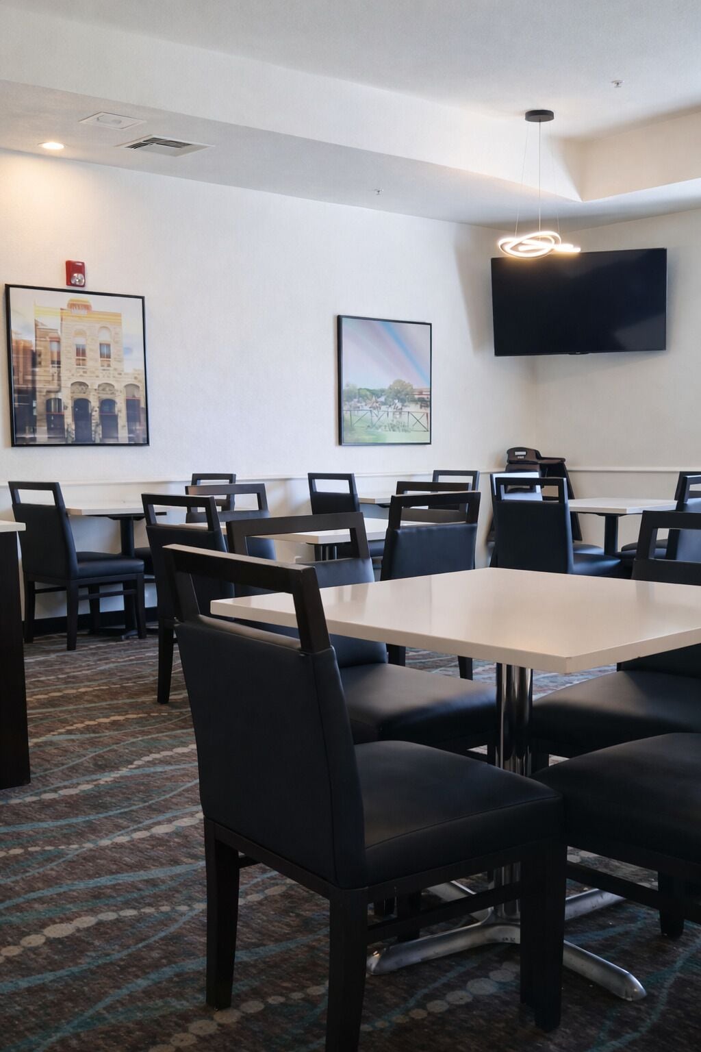 A conference room with a large table and chairs, a flat-screen TV on the wall, and two framed pictures.