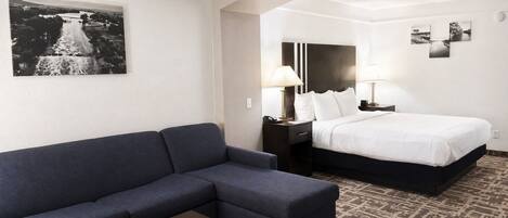 Una habitación de hotel con una cama, una mesita de noche, una lámpara, un sofá y un cuadro colgado en la pared.