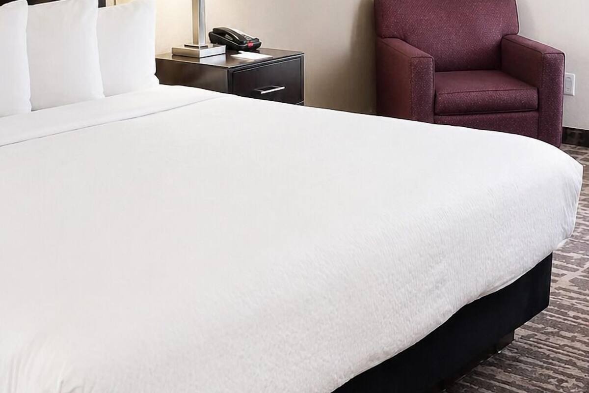 Une chambre d’hôtel avec un grand lit, une table de chevet avec une lampe, une chaise et un téléphone.