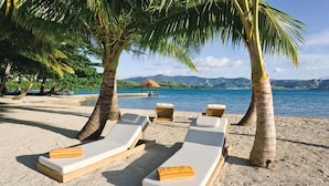 Une plage avec des chaises longues et des palmiers.