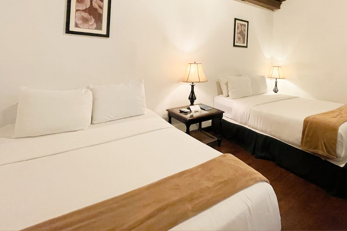 Een hotelkamer met twee eenpersoonsbedden, een nachtkastje met een lamp en een ingelijst schilderij aan de muur.