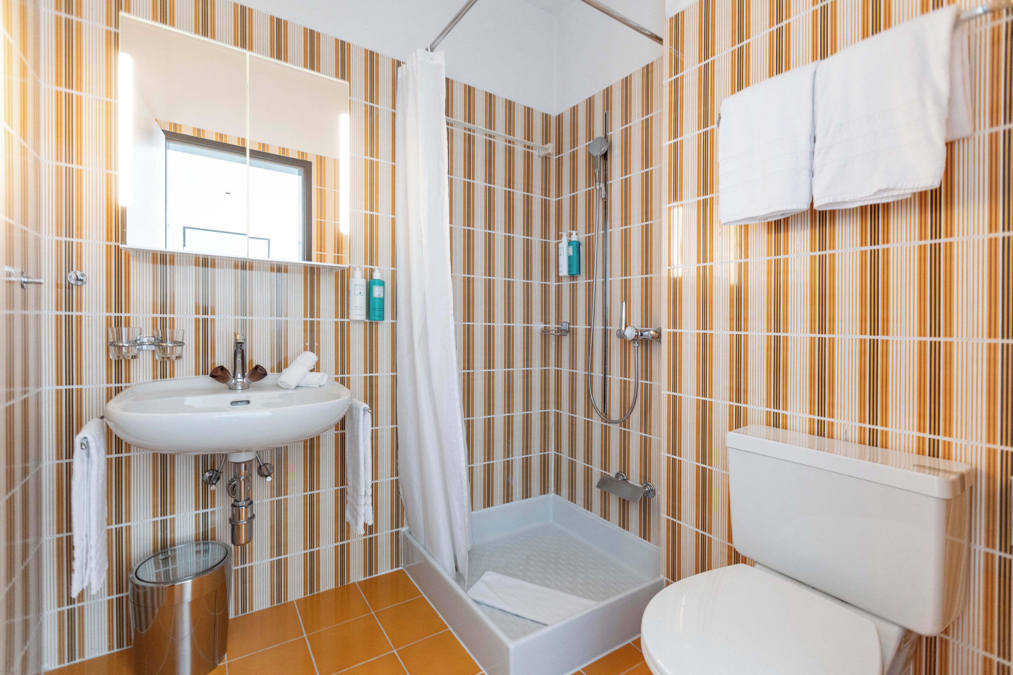 small simple lake view room | bathroom | shower, free toiletries, hair dryer, towels