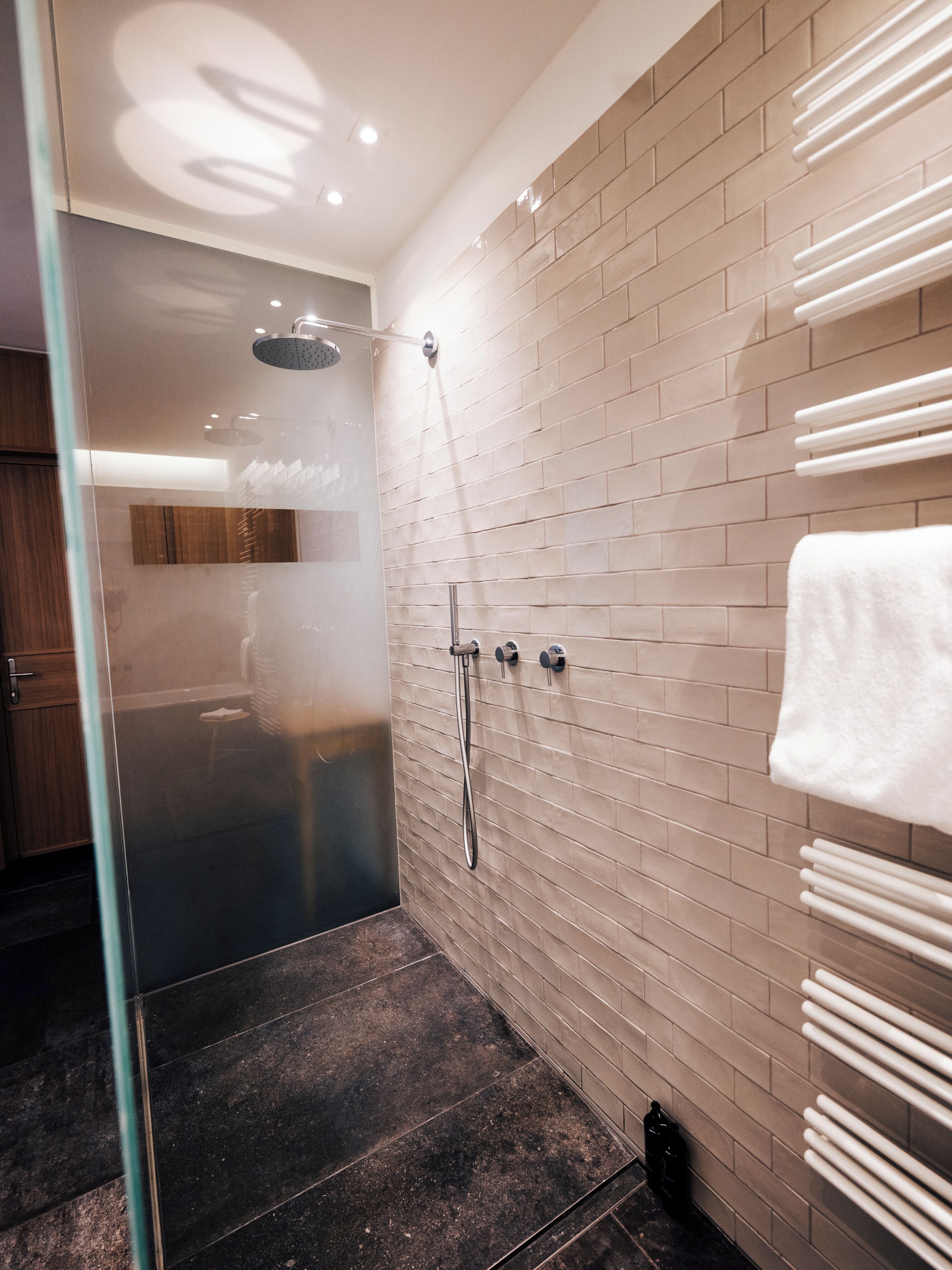 Une salle de bain moderne avec une douche à parois de verre, un mur carrelé et un porte-serviettes.