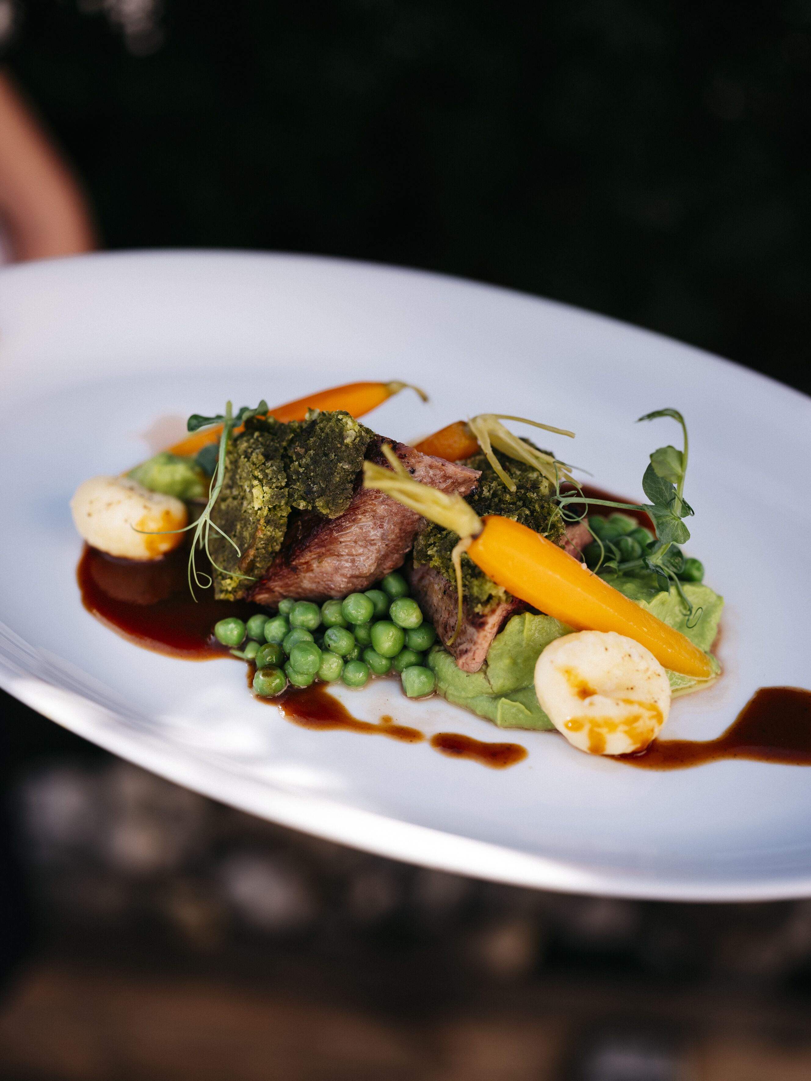 Une assiette blanche contenant une variété d’aliments, notamment de la viande, des petits pois, des carottes et des légumes verts.