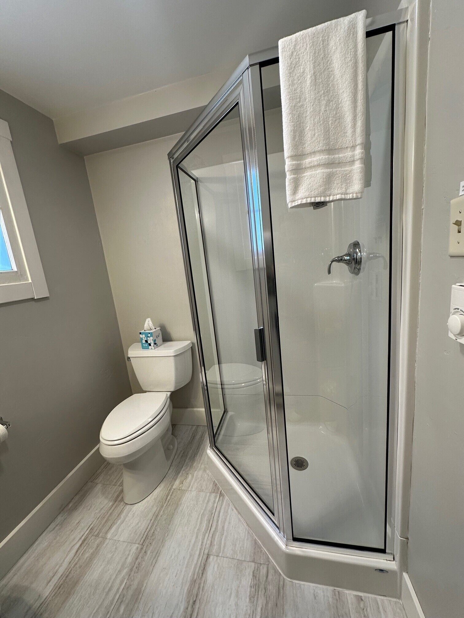 A modern bathroom with a glass-enclosed shower, a toilet, and a marble floor.