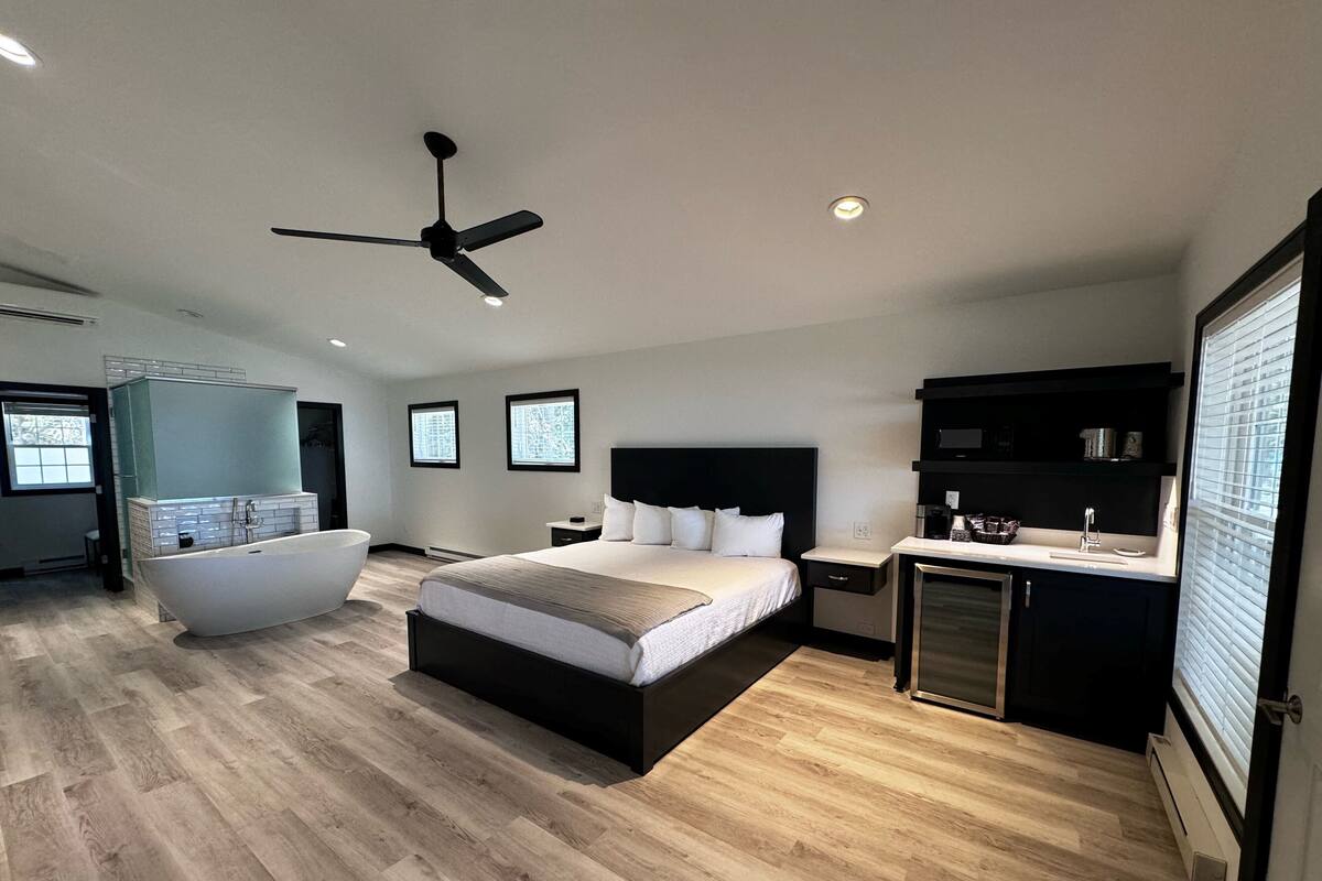 A modern bedroom with a large bed, a separate bathroom, and a kitchenette.