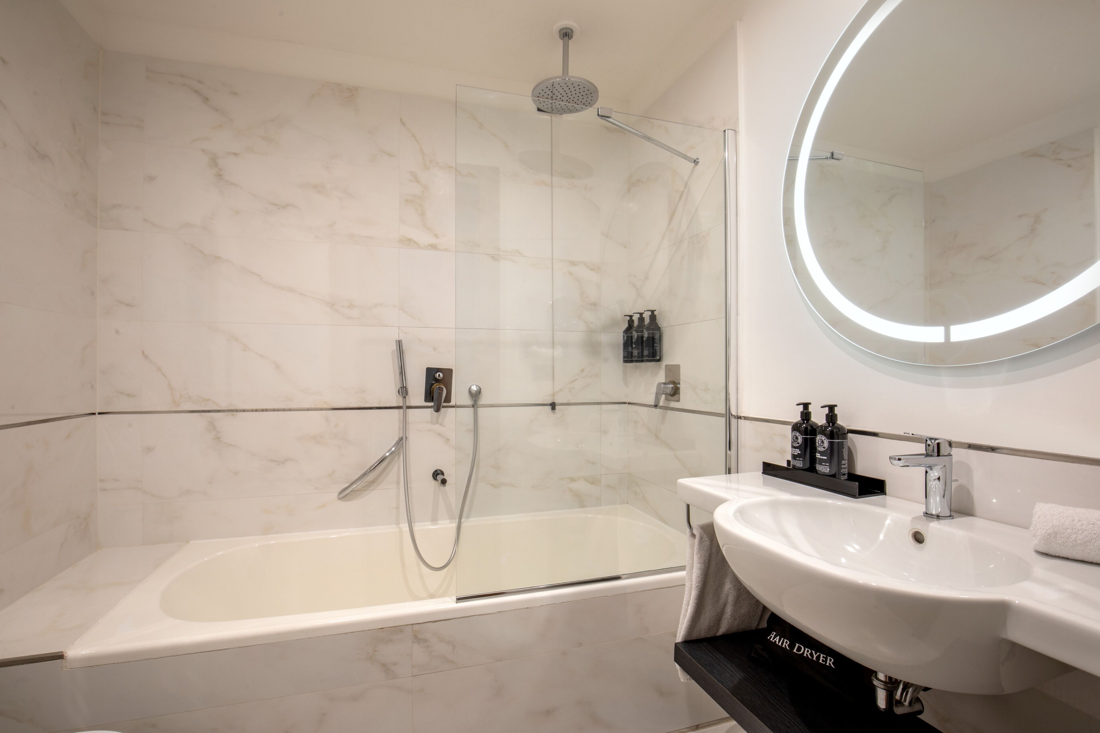 shower, rainfall showerhead, eco-friendly toiletries, hair dryer