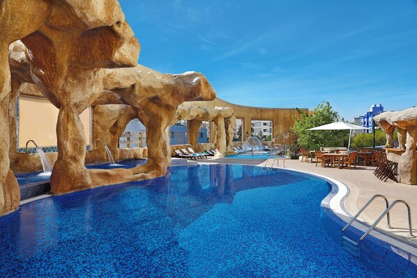 Outdoor pool, pool umbrellas, pool loungers