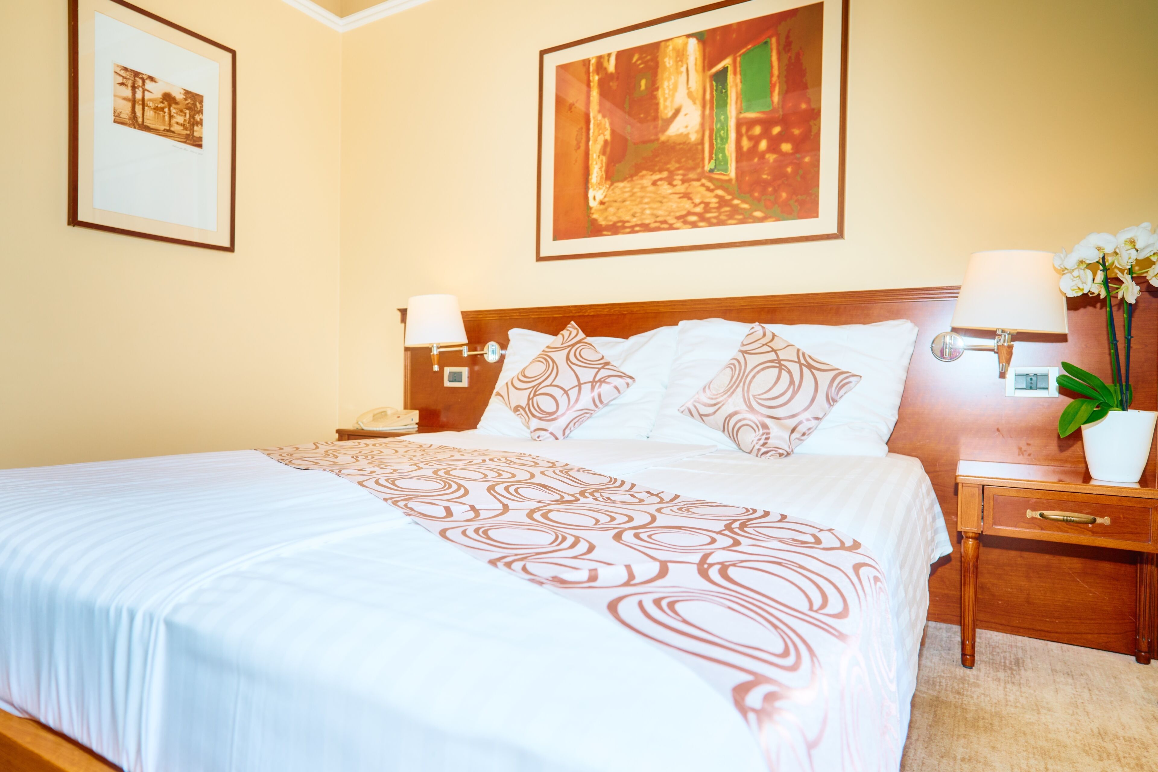 A hotel room with a large bed, two bedside tables, a nightstand, a wall-mounted lamp, a framed picture, and a potted plant.
