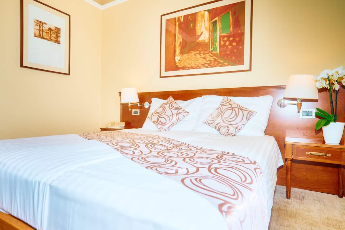 A hotel room with a large bed, two bedside tables, a nightstand, a wall-mounted lamp, a framed picture, and a potted plant.
