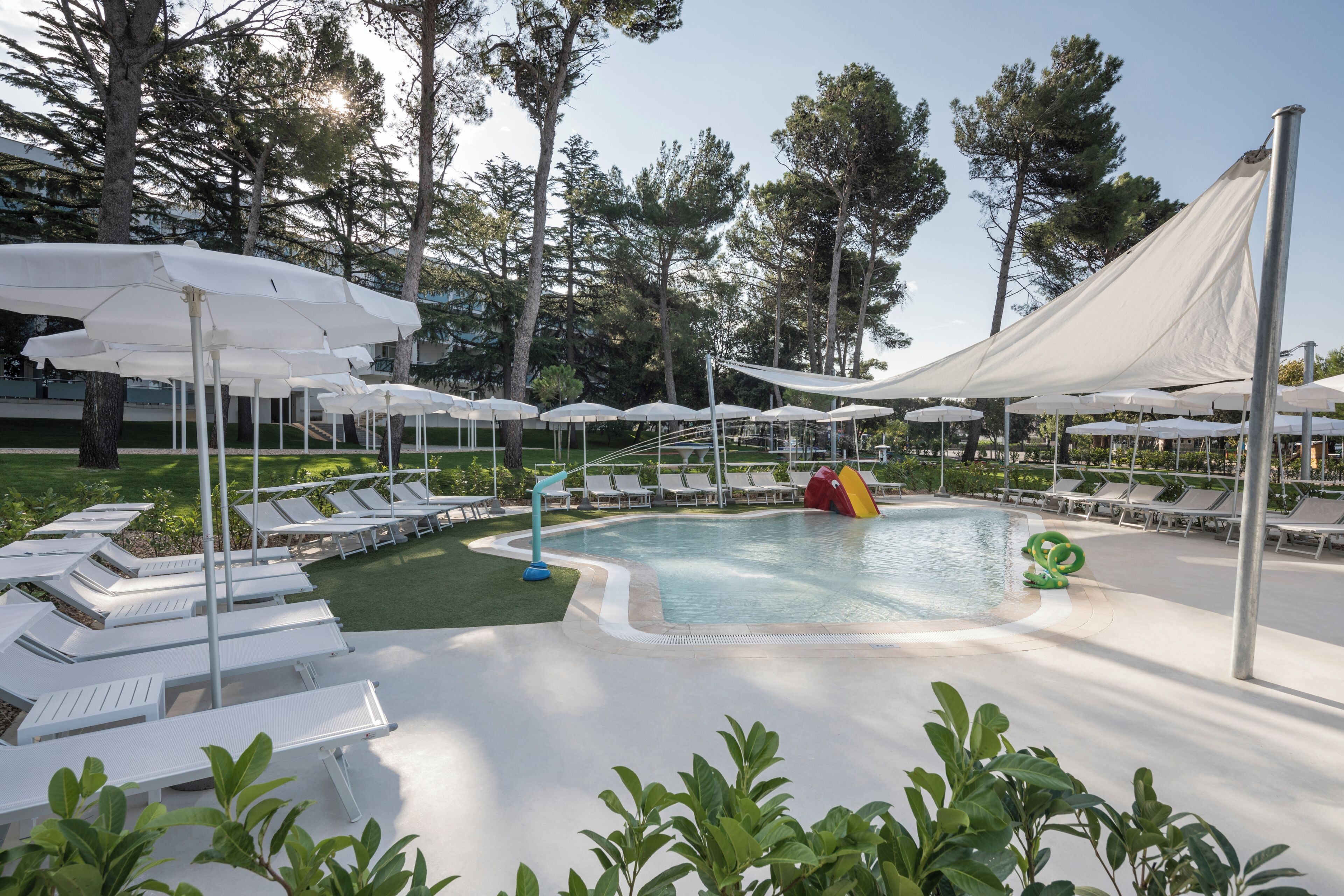 Outdoor pool, pool umbrellas, pool loungers