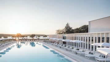 Outdoor pool, pool umbrellas, pool loungers