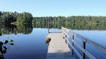 A wooden pier extending into calm water, surrounded by dense forest.