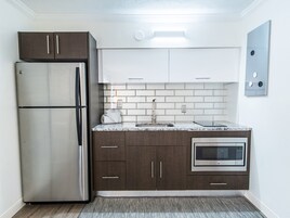 Full-size fridge, microwave, stovetop, coffee/tea maker