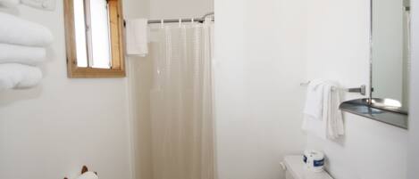Ein Badezimmer mit Toilette, Waschbecken, Duschvorhang und Handtuchhalter.