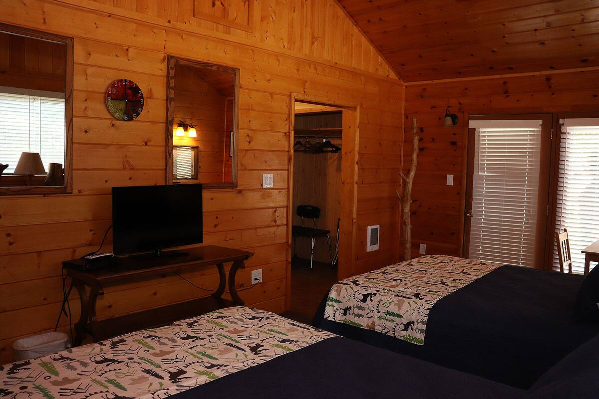 A wooden cabin room with two beds, a television on a wooden table, and a mirror on the wall.
