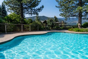 Seasonal outdoor pool, pool loungers