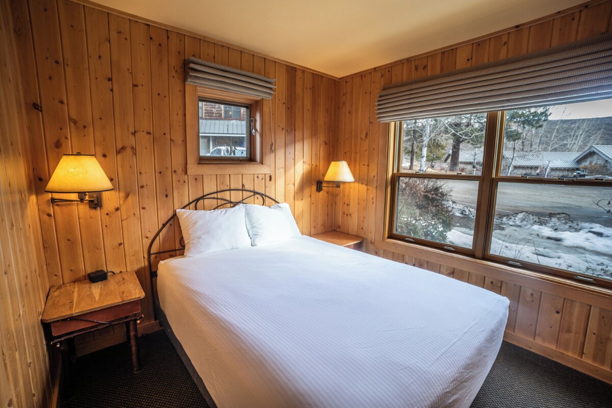 A wooden-paneled room with a bed, two bedside lamps, a window with a view of a snowy landscape, and a small table.