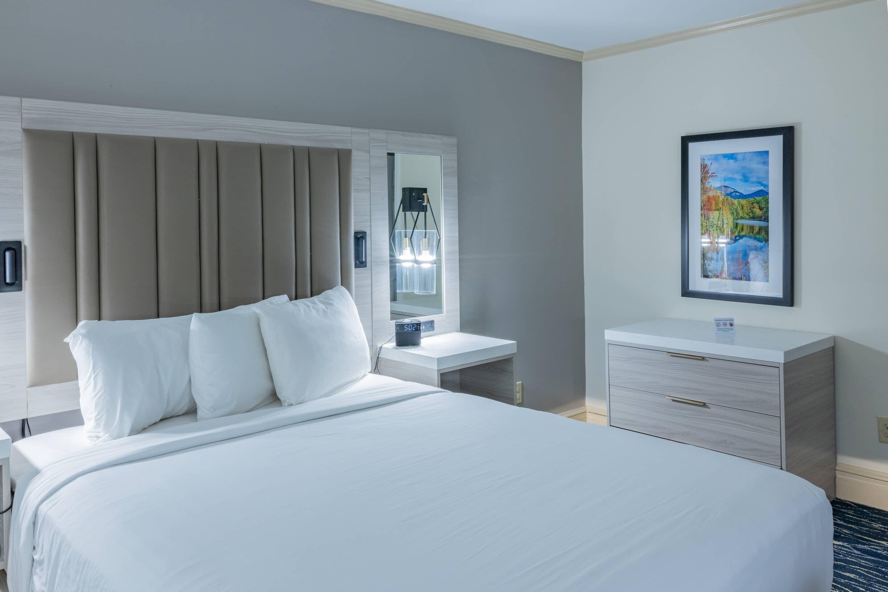 Habitación de hotel con una cama grande, una mesita de noche, un espejo, un cuadro en la pared y un escritorio pequeño.