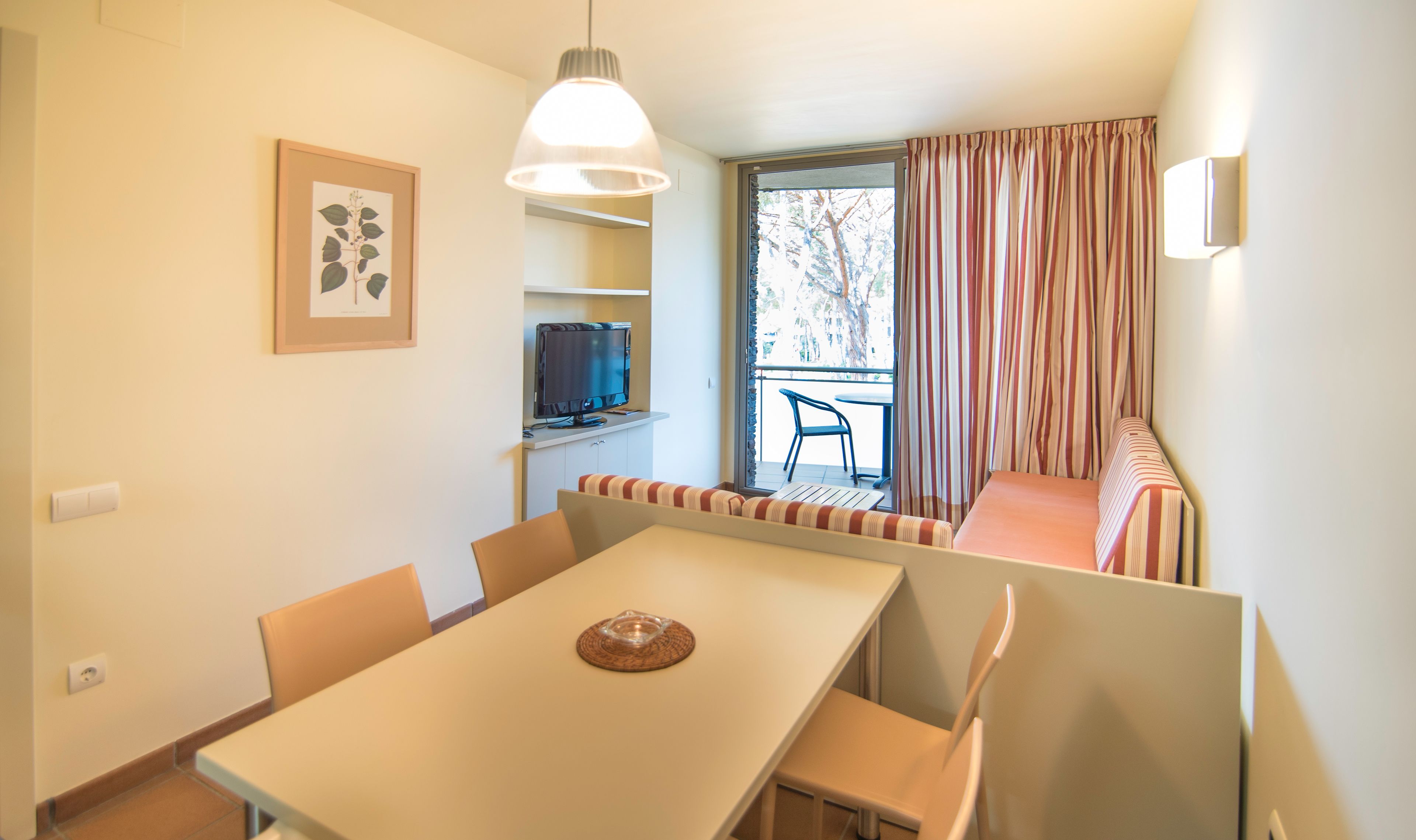 A dining area with a table and chairs, a television on a shelf, a framed botanical print on the wall, and a view of the outdoors through a window with striped curtains.