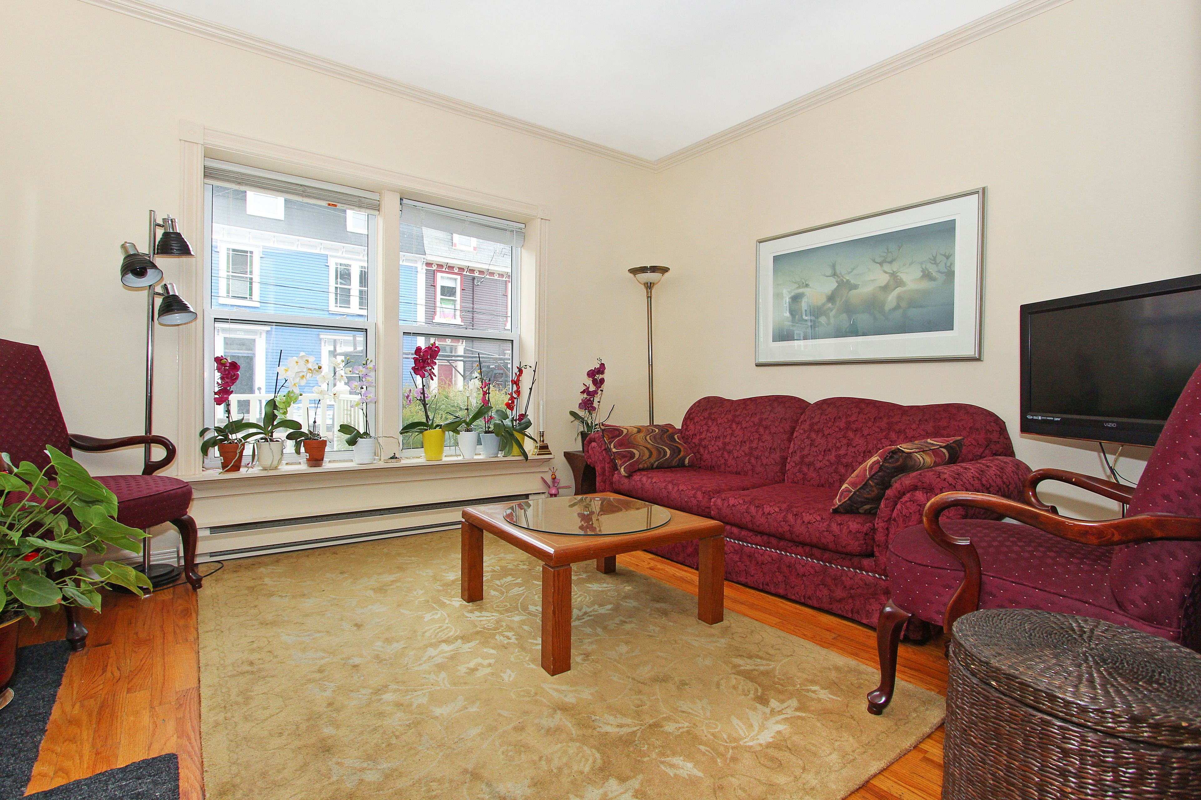 A living room with a sofa, armchairs, a coffee table, a TV, and a window with plants.