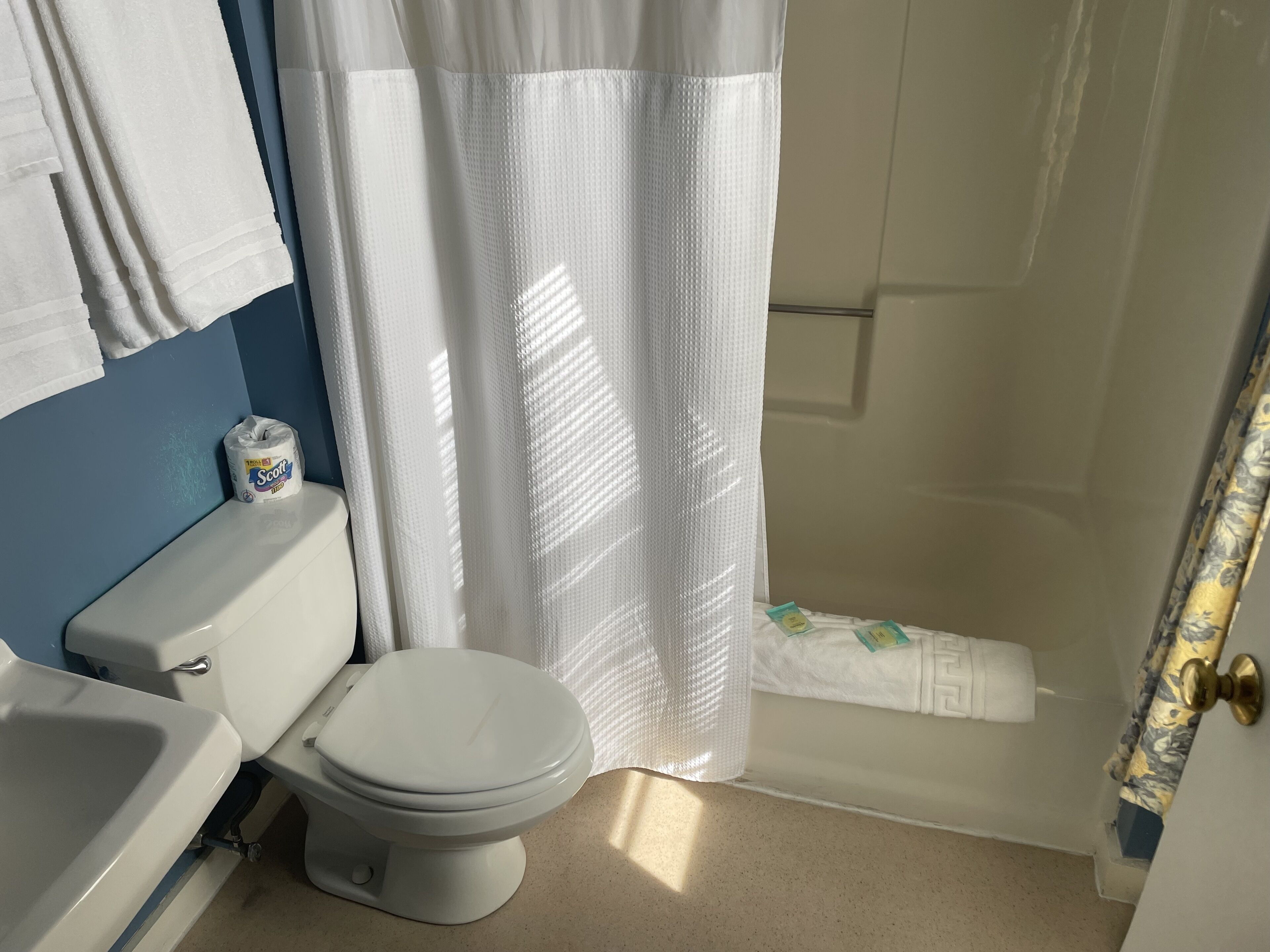 Un bagno con il water, un lavandino e una doccia.