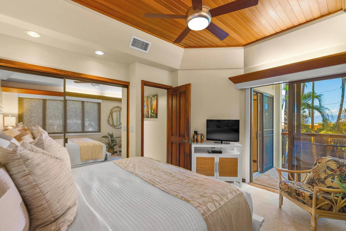 A bedroom with a bed, a television, a ceiling fan, and a view of the outdoors.