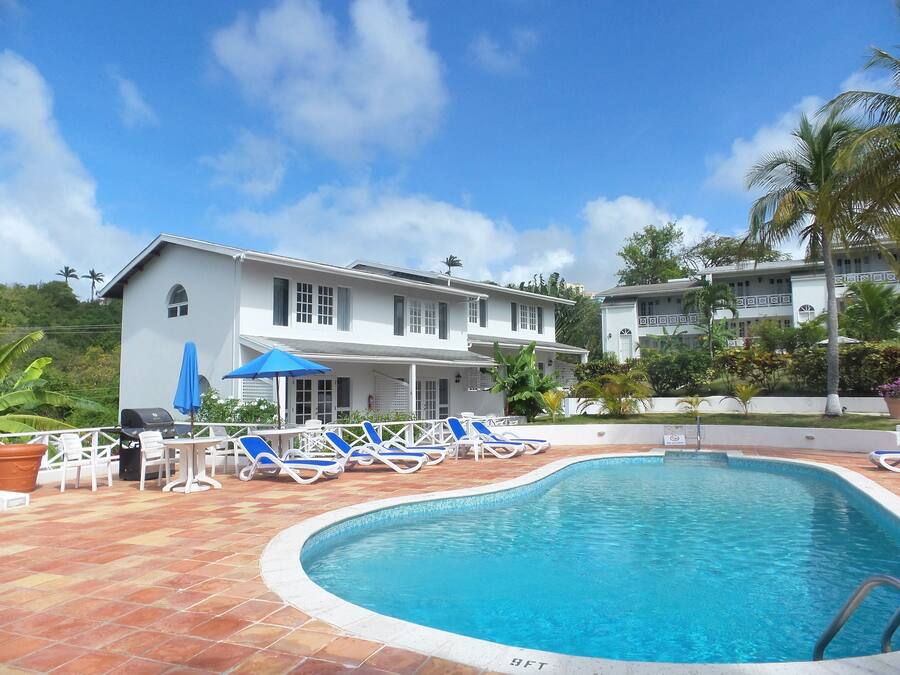 Outdoor pool, pool umbrellas, pool loungers