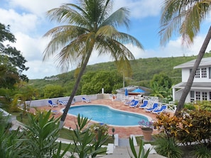 Outdoor pool, pool umbrellas, sun loungers