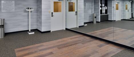 A hallway with mirrored walls, wooden flooring, and doors with frosted glass panels.