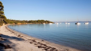 Une plage à l’eau claire, avec des bateaux et une rive sablonneuse bordée d’arbres.