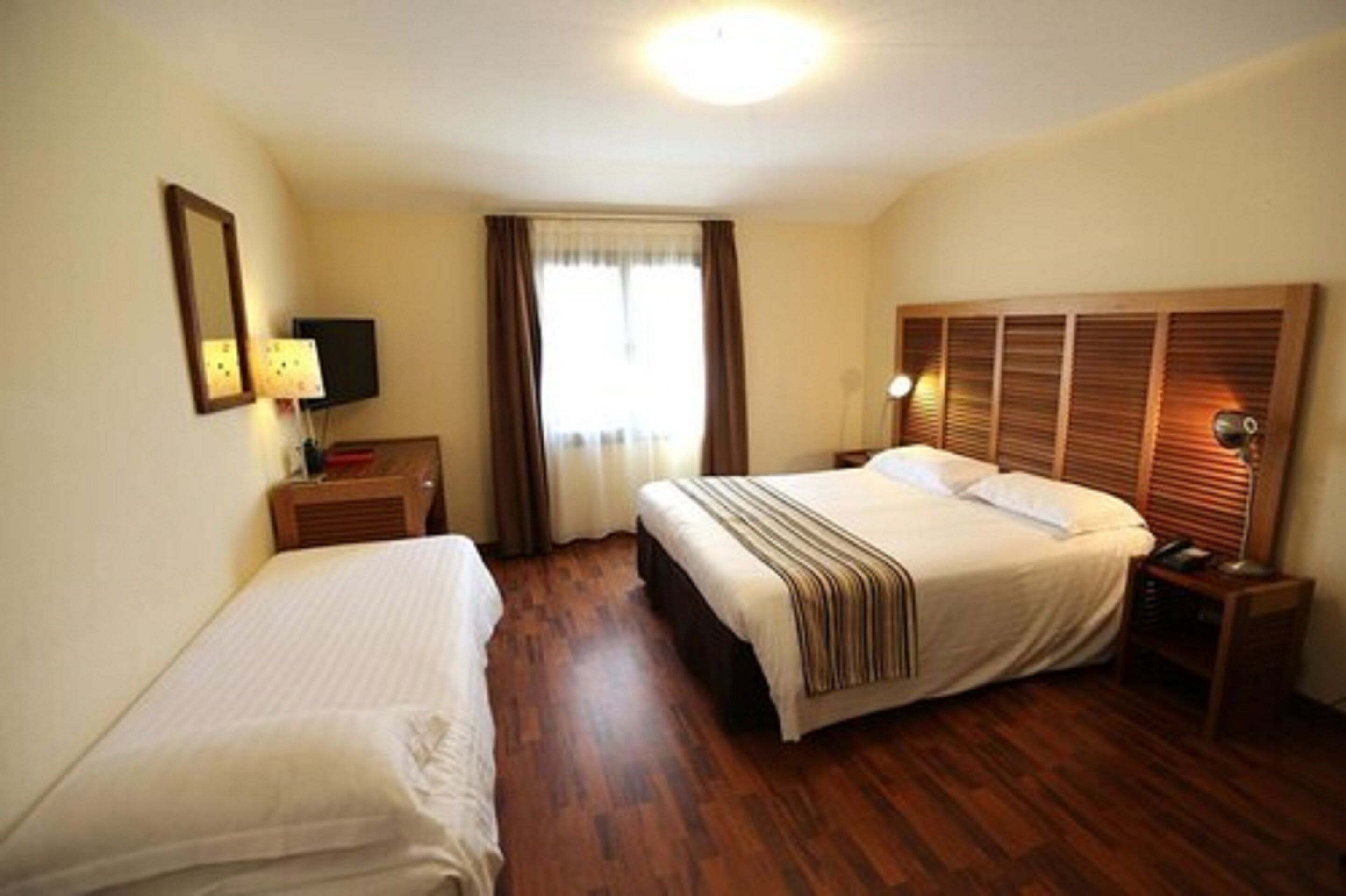 Habitación de hotel con dos camas, un televisor, una mesita de noche con lámpara y una ventana con cortinas.