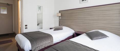 Habitación de hotel con dos camas individuales, un espejo grande, una mesita de noche, una lámpara y un cuadro en la pared.