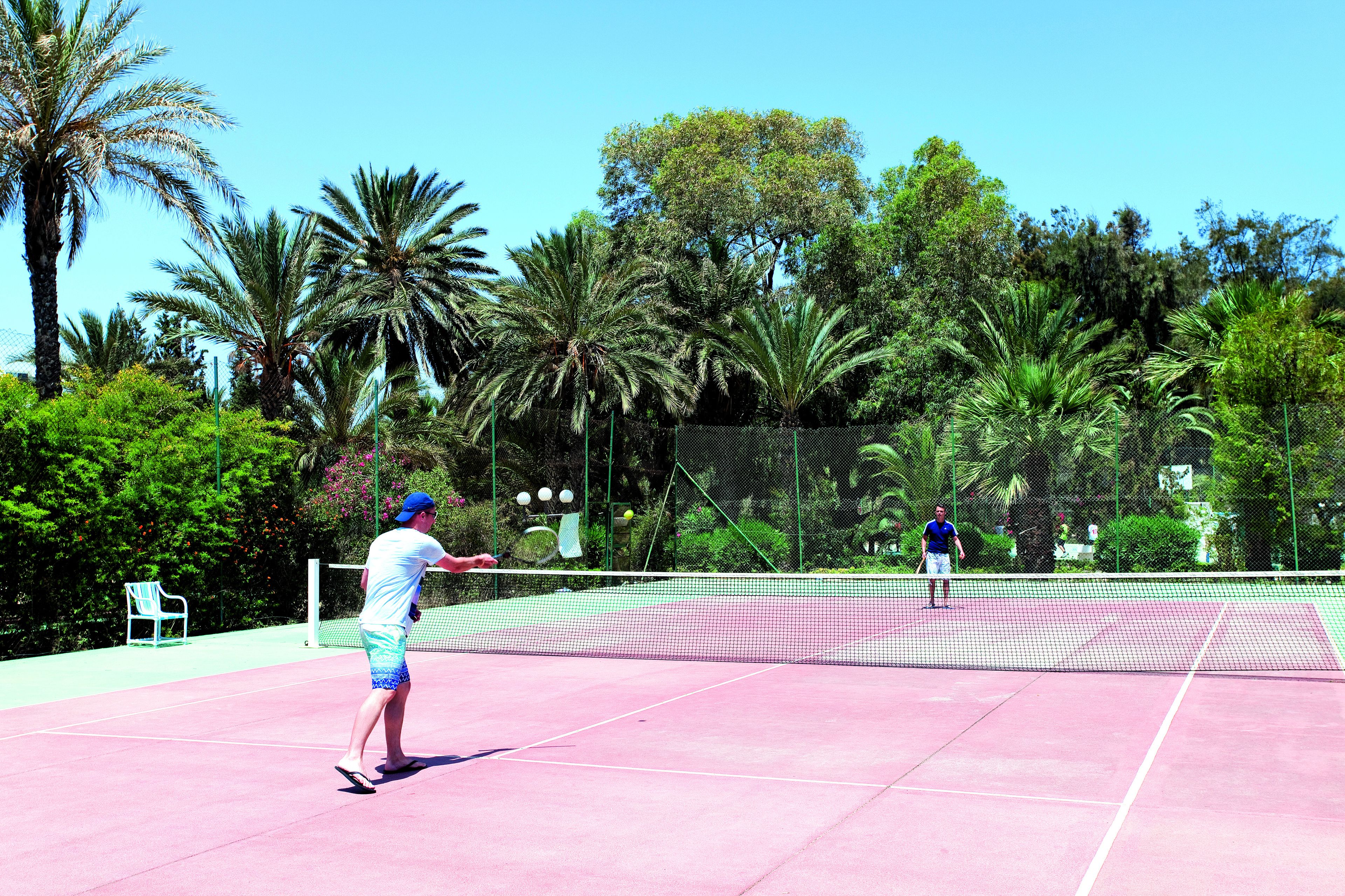 An outdoor tennis court surrounded by lush greenery and palm trees.