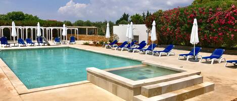 Outdoor pool, pool umbrellas, pool loungers