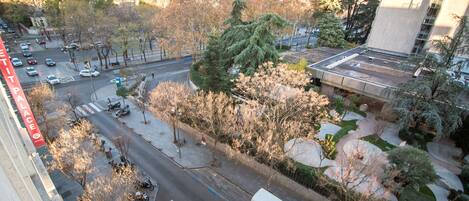 A city street with a white van parked on the side, surrounded by trees and buildings.