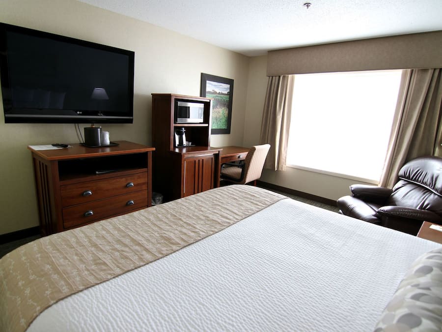 Une chambre d’hôtel dotée d’un grand lit, d’une télévision à écran plat, d’un bureau avec une chaise, d’un four à micro-ondes et d’une machine à café.
