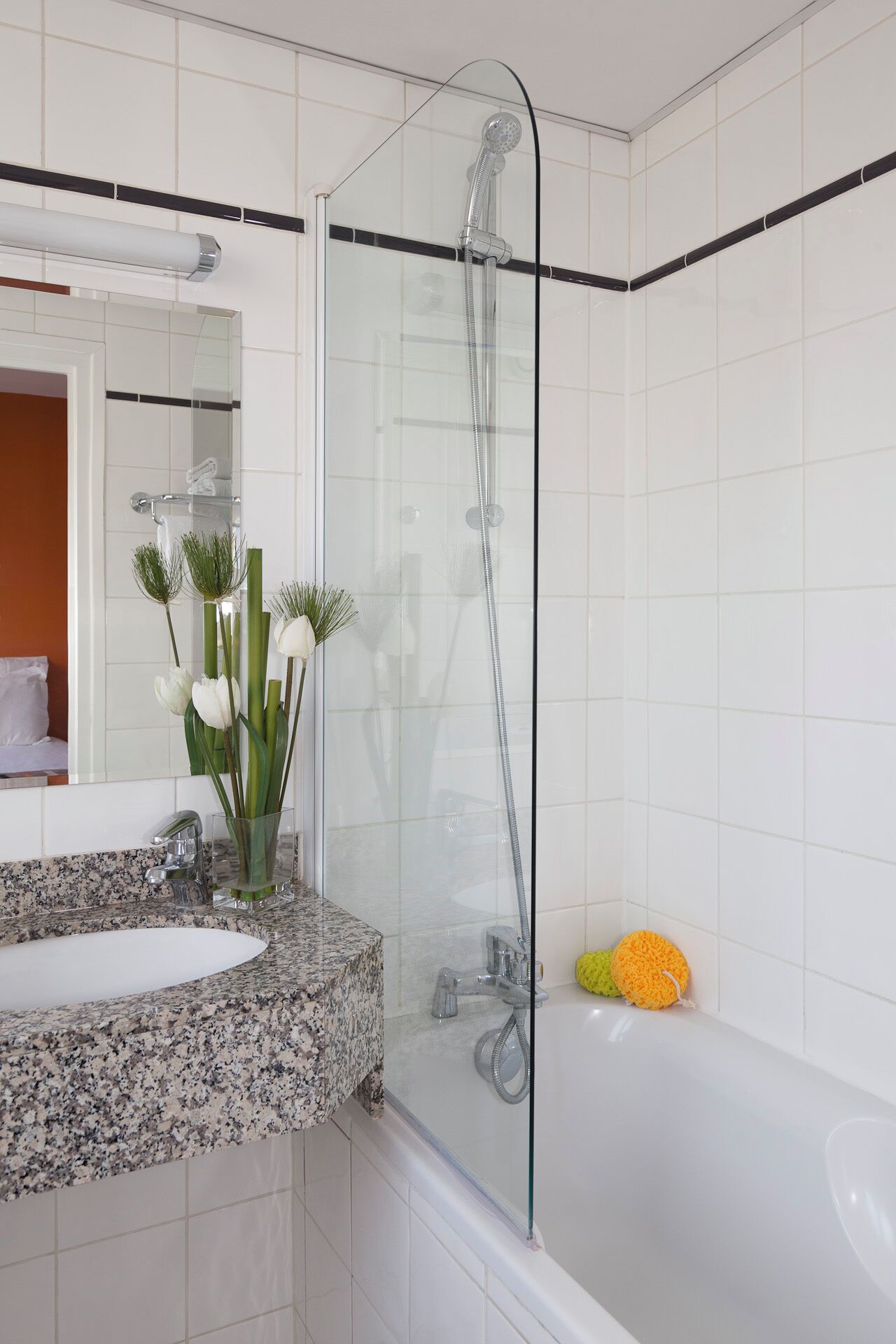 two adjacent rooms | bathroom | shower, hair dryer, slippers, towels